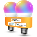 Refoss Smart WLAN Glühbirne E27 unterstützt HomeKit, Intelligente Alexa Lampe Mehrfarbrige Dimmbare LED Light Bulb mit Siri, Alexa, Google Assitant, 9W 2700K-6500K Warmweiß, Kaltweiß, 2 Stück