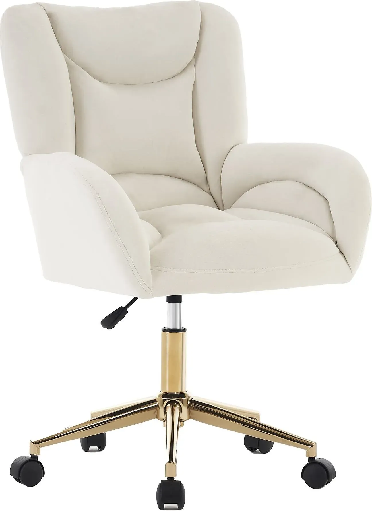 Höhenverstellbarer Drehstuhl, Samtstoff und goldenen Beinen, ergonomischem Design, für Büro, Schlafzimmer, 62x64x88-97 cm, Elfenbein