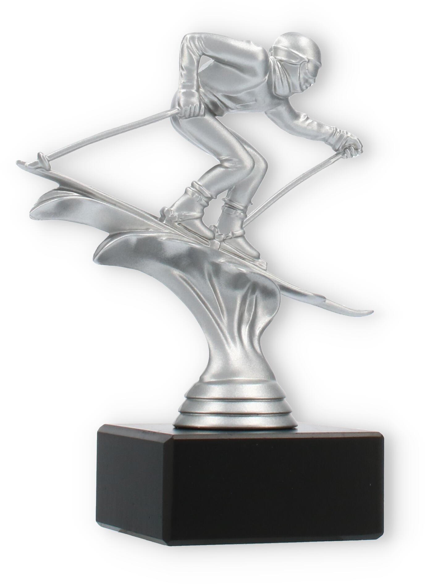 Pokal Kunststofffigur Ski Abfahrt silbermetallic auf schwarzem Marmorsockel 14,6cm