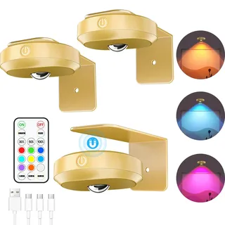 WILLED Bilderleuchte Akku, Bild beleuchtung wand Kabellos, Round USB Aufladbar RGB LED Spots Akku mit Fernbedienung, Wiederaufladbare Bilderlampe, Vitrinenbeleuchtung LED mit Timing Funktion(3er Pack)