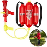 Relaxdays 2 x Feuerwehr Wasserspritze, 2,5 l Wassertank, 5 m Reichweite, 2 Sprühfunktionen, Löschrucksack Kinder, rot-gelb