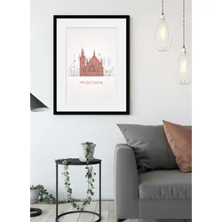 queence Bild »München Church«, Gebäude-Kirche-Religion-München-Deutschland-Kunst, (1 St.), HD Premium Poster-Druck inkl. Holzrahmen queence Farbe Rahmen: schwarz + Farbe Bild(er): rot