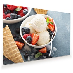 Primedeco Glasbild Wandbild Vanilleeis und Früchte mit Aufhängung, Süsses grau 120 cm x 80 cm