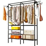ruhhy Kleiderständer 173x36x108 cm Großer Kleiderschrank mit 2 Stangen & 6 Regale Schwarz 22671