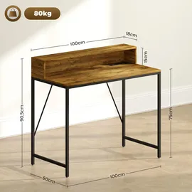 Homcom Computertisch, Schreibtisch mit Anschlüssen, Bürotisch mit Monitorfläche und Ablage, Pc Tisch für Büro, Arbeitszimmer, 100 x 50 x 90,5 cm, Rustikales Braun Holzwerkstoff, 100x90.5x50 Schreibtische, Computertische