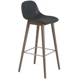 Muuto Fiber Barhocker 75 cm, schwarz mit Rückenlehne, auf dunklen Holzbeinen
