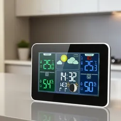 Moderne Wetterstation mit Farb-Display, Aussenfühler & Wecker: Temperatur, Luftfeuchtigkeit, Barometer – stilvolle Wetterüberwachung in Schwarz