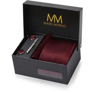MASSI MORINO Krawatte Weinrot mit Einstecktuch Set Herren inkl. Manschettenknöpfe, Krawattennadel und Geschenkbox | Männer Krawattenset zur Hochzeit - Einheitsgröße