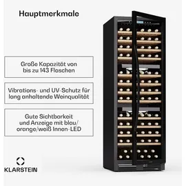 Klarstein Vinovilla Trio Weinkühlschrank 144 Flaschen 3 Zonen 38 dB 12 Regale Kompressor 413 Liter Schwarz
