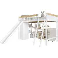 Hochbett Massivholz Und Mdf Weiß/natur 90x200 Cm Mit Rutsche, Kleiderschrank Und Ablageschrank