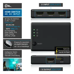 Primewire Audio / Video Matrix-Switch, 3-Port UHD HDMI Switch / Verteiler inkl. Fernbedienung, 4K, 3D, CEC