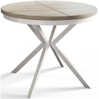 Runder Esszimmertisch BERG, ausziehbarer Tisch Durchmesser: 120 cm/200 cm, Wohnzimmertisch Farbe: Beige, mit Metallbeinen in Farbe Weiß