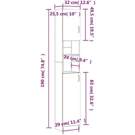 vidaXL Badezimmerschrank Schwarz 32x25,5x190 cm Holzwerkstoff