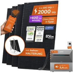 Solarway® 2000Wp / 800W Balkonkraftwerk mit 5,4kWh Speicher komplett Steckdose - 5,4 kWh Anker Solix 3 PRO Speicher - Solaranlage Komplettset - 500W Solarmodule & Anker Speicher & Zubehör - Balkon Halterung