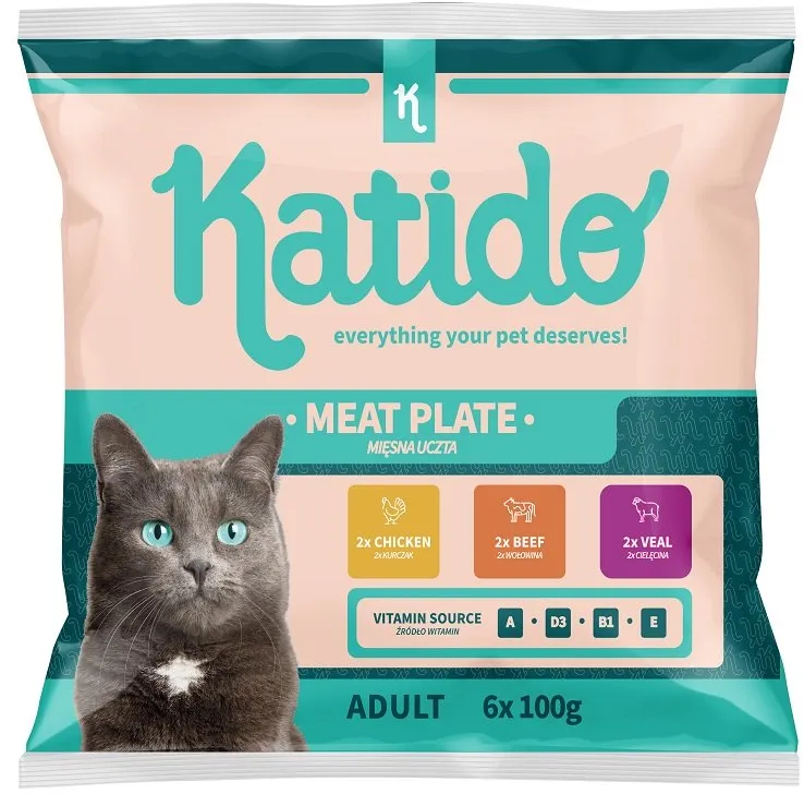 KATIDO Meat Plate Frischebeutel Huhn, Kalbfleisch, Rindfleisch in Soße 30x100g + 6x100g Gratis
