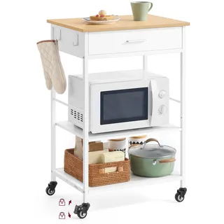 VASAGLE Küchewagen mit Rollen, mobiler Servierwagen mit Stauraum, Kücheninsel, 47 x 60 x 90 cm, Schublade, 2 Haken, für Esszimmer, eichenbeige-mattweiß
