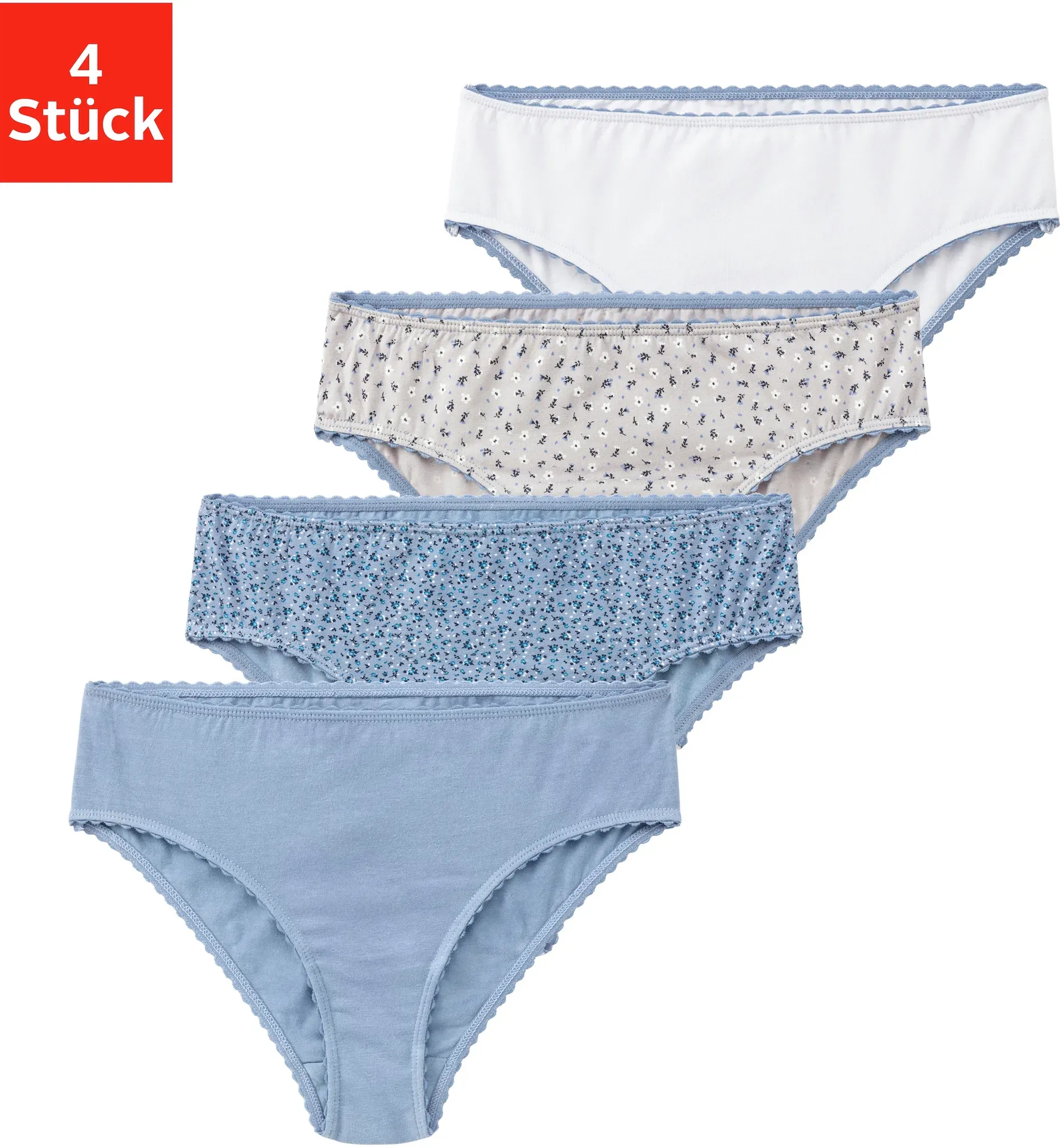 Slip, (Packung, 4 St.), Millefleur-Design + Uni in einer Packung, Gr. 158/164, blau-geblümt, blau-uni, grau-geblümt, weiß-uni, , 55291820-158