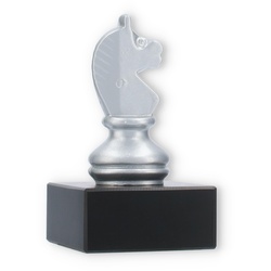 Pokal Metallfigur Schach Springer silbermetallic auf schwarzem Marmorsockel 11,0cm