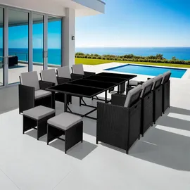 Tectake tectake® Rattan Sitzgruppe, für 8 bis 12 Personen, UV-beständig, zusammenschiebbar, inklusive Schutzhülle