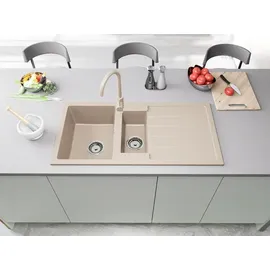 faizee home Granitspüle 2 Becken rechts Einbauspüle beige 1000 x 500 mm Handbetätigung