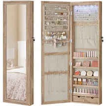 Songmics Schmuckschrank 120 cm hoch, mit beleuchtetem Innenspiegel, eichenbraun