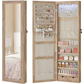 Songmics Schmuckschrank 120 cm hoch, mit beleuchtetem Innenspiegel, eichenbraun