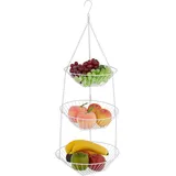 Relaxdays Obstkorb hängend, H x D: 73 x 28 cm, 3 Etagen, Stahl, runder Hängekorb für Obst & Gemüse, Obstschale, weiß