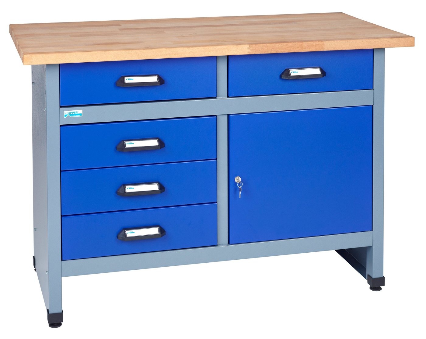 KÜPPER Werkbank 12047, 5 Schubladen, 1 Tür, 300 kg Traglast, 30 mm Buchenarbeitsplatte blau