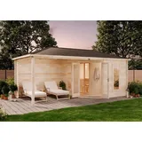 FinnTherm 5-Eck Saunahaus Liwa Gartensauna 3 Sitzbänke aus Holz in Braun, Sauna mit 28 mm Wandstärke, Außensauna mit Montagematerial - Hellbraun