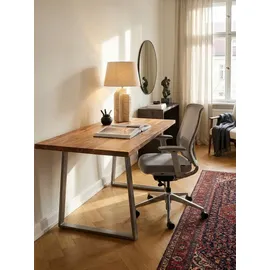KADIMA DESIGN Schreibtisch Massivholz Baumkante Chromgestell Handarbeit TARN, Goldbraun-Chrom 160x80x76 cm