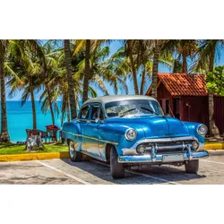 Fototapete PAPERMOON "OLDTIMER-HAVANNA KUBA VINTAGE AUTO PALMEN STRAND MEER", bunt, B:3,50m L:2,60m, Vlies, Tapeten