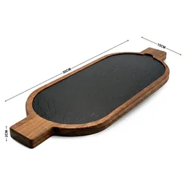 hausleben Servierbrett Holz mit Schieferplatte 50x15cm – Akazienholz Käseplatte mit 2 Griffen, Längliches Tapas Brett & Antipasti Platte – Ru...