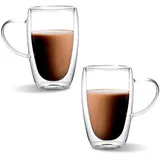 MerwDeeyt Doppelwandige Kaffeegläser 2er Set Thermogläser, Latte Macchiato Gläser Cappuccino Gläser Teegläser mit Henkel, Modern Kaffee Glas Doppelwandige Gläser Kaffeetassen (450ml)