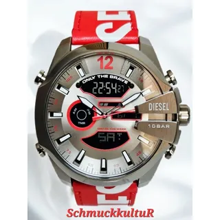 Diesel Mega Chief Uhr DZ4647 Herren Edelstahl Leder Rot Weiß Anthrazit NEU OVP