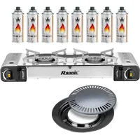 Mianova Campingkocher Doppel Gaskocher 2 flammiger Shisha Anzünder Grill Notfallkocher Kühltasche Gaskartuschen Gas Kocher Set Silber Grillplatte 8 Gasflaschen