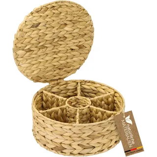 HMF Teebox für Teebeutel geflochten aus Wasserhyazinthe, Tee Aufbewahrungsbox mit 7 großen Fächern, 27 x 27 x 11 cm
