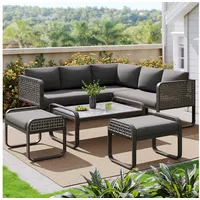 Flieks Gartenlounge-Set, 7-Sitzer Polyrattan Gartenmöbel Balkonset mit verstellbaren Fußpads grau