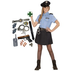 Karneval-Klamotten Polizei-Kostüm Polizistin Cop Uniform Mädchen mit Polizei Set, Kinderkostüm Komplett Polizei Mütze und Spielzeug Set Faschingskostüm blau|schwarz|silberfarben 140
