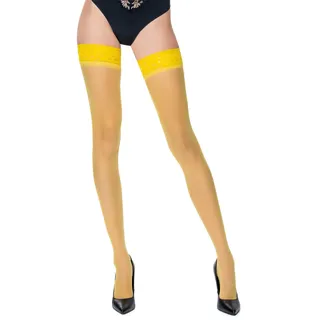 POSE 20 DEN Elasthan halterlose Strümpfe mit schmalem Spitzenband, klassisches elastisch und geschmeidig seidene Damenstrümpfe mit 6 cm Spitze, in XL XXL Plus Größen und 19 Farben 5, gelb - XL Große Größen