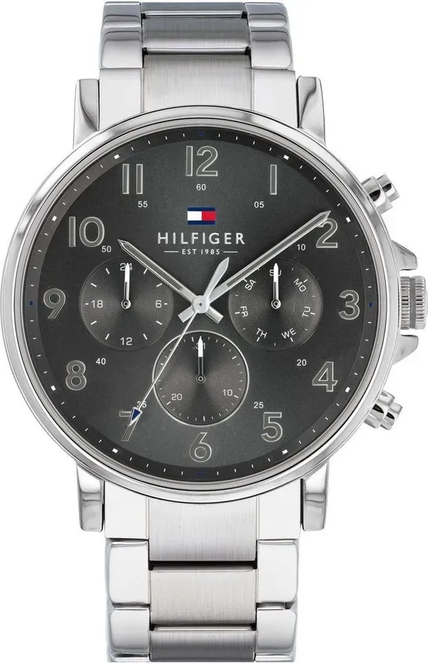 Tommy Hilfiger Multifunktionsuhr Dressed Up, 1710382, Quarzuhr, Armbanduhr, Herrenuhr, Datum, 12/24-Std.-Anzeige, analog silberfarben