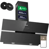 CIARRA CBCB9736F A+++ Dunstabzugshaube 90 cm Umluft Kopffreie Schräghaube 650m3/h automatisch Glasplatte Wi-Fi App Touch-Bedienung Booster Abluft mit CBCF003 Aktivkohlefilter 4 Stufen Schwarz
