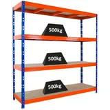 Proregal Profi Schwerlastregal Rhino HxBxT 200x200x60cm 4 Spanplatten-Ebenen 16mm Fachlast 500kg Blau/Orange Stecksystem Lagerregal, Steckregal,