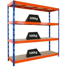 Proregal Profi Schwerlastregal Rhino HxBxT 200x200x60cm 4 Spanplatten-Ebenen 16mm Fachlast 500kg Blau/Orange Stecksystem Lagerregal, Steckregal,