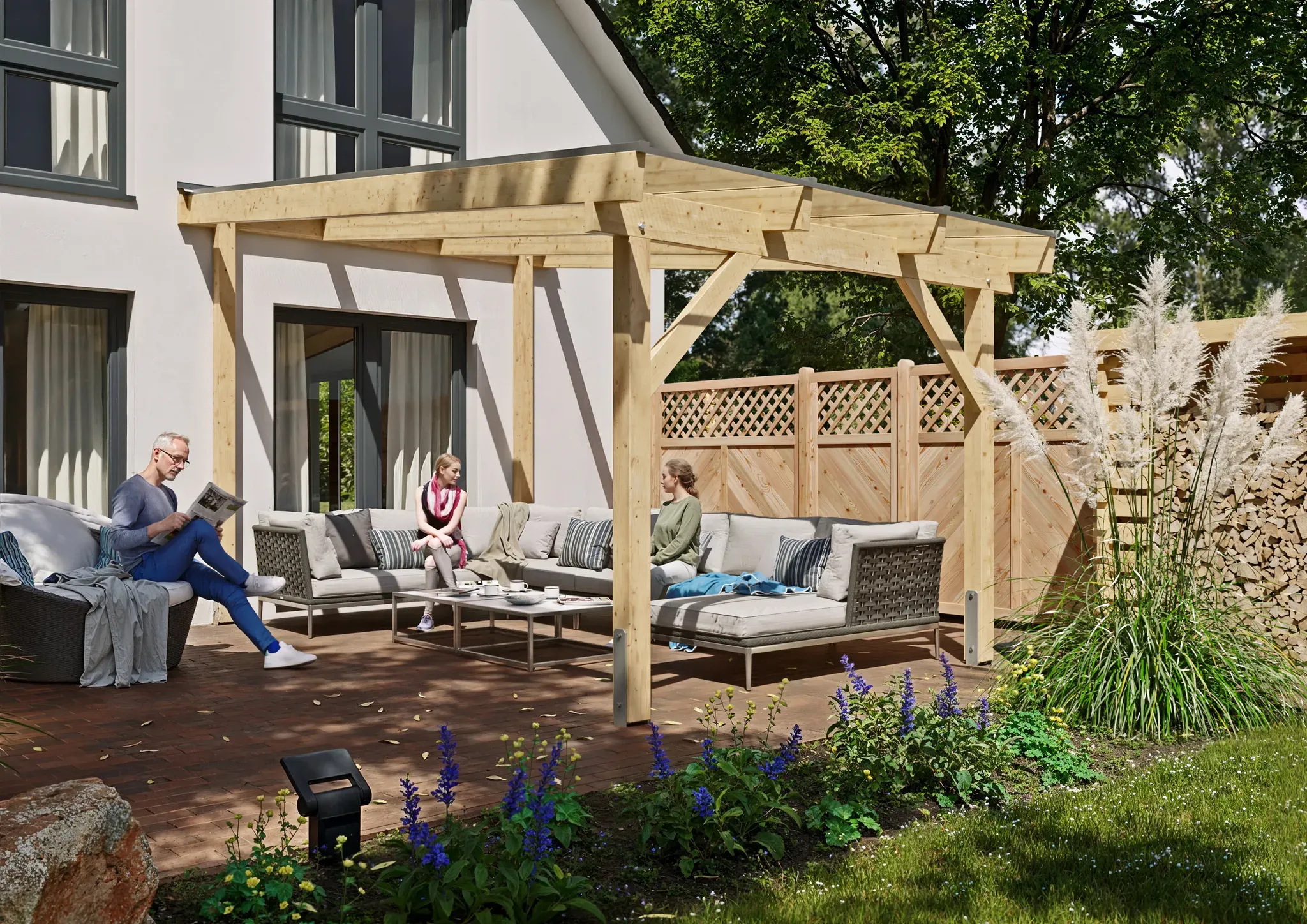 Terrassendach KONIFERA "Atlas", beige (unbehandelt), B:308,4cm T:500cm, Fichtenholz, Leimholz, Polycarbonat (PC), Terrassenüberdachungen, Bausatz aus naturbel. Leimholz mit lichtdurchl. Polycarbonat-Pultdach