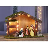 Benelando LED Weihnachtskrippe Holz Krippenstall beleuchtet Figuren Krippenfiguren Deko