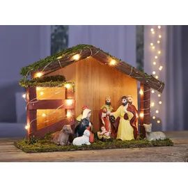 Benelando LED Weihnachtskrippe Holz Krippenstall beleuchtet Figuren Krippenfiguren Deko