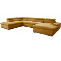 Cavadore Wohnlandschaft Alkatraz im modernen Design / U-Form mit Ottomane links und Longchair rechts / Inkl. Kopfteilverstellung / 350 x 73 x 226 / Gelb