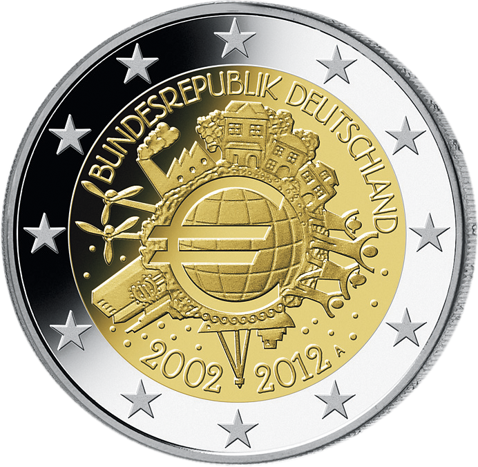 Die offizielle 2-Euro-Gedenkmünze "10 Jahre Euro-Bargeld" komplett (5 Prägezeichen) "bankfrisch" (bfr)!