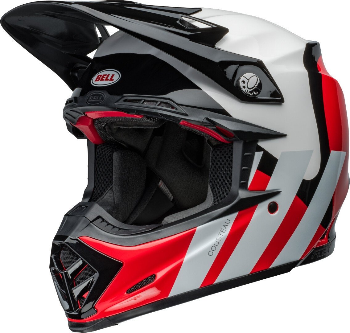 Bell Moto-9S Flex Hello Cousteau Stripes Motorcross Helm, zwart-wit-rood, M Voorman