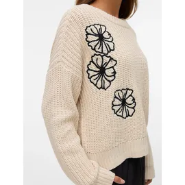 Vero Moda Rundhalspullover VERO MODA "VMLAURA LS O-NECK PULLOVER BOO", Damen, Gr. M, beige (birch detail:with schwarz), Strick, Obermaterial: 60% Baumwolle, 40% Polyacryl, gemustert, regular fit, Rundhals, Rippstrickbündchen, Pullover Rundhalspullover